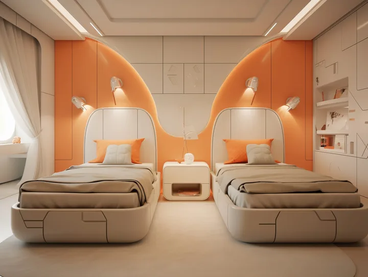 Chambre avec deux lits simples, murs aux accents orange, tables de chevet et rangements intégrés