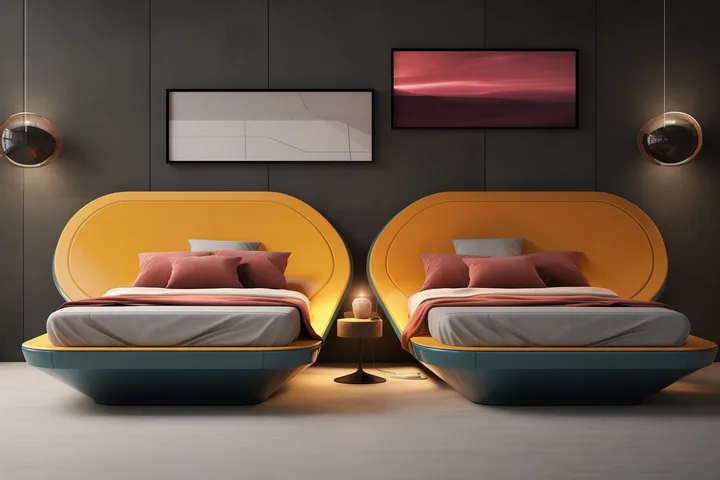 Deux lits aux têtes de lit orange, séparés par une table de chevet, dans une chambre aux murs sombres éclairée par des appliques