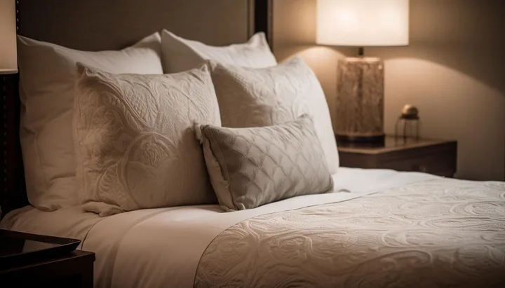 Lit double aux draps blancs et coussins décoratifs, avec lampe allumée sur une table de chevet