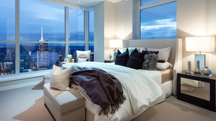 Chambre élégante avec lit double, grandes fenêtres donnant sur une ville illuminée et fauteuil près du lit